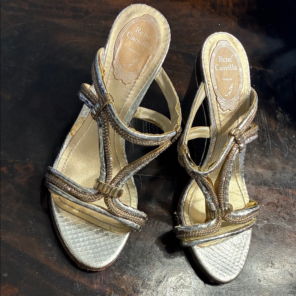 Rene Caovilla Gold Braided Strappy High Heels